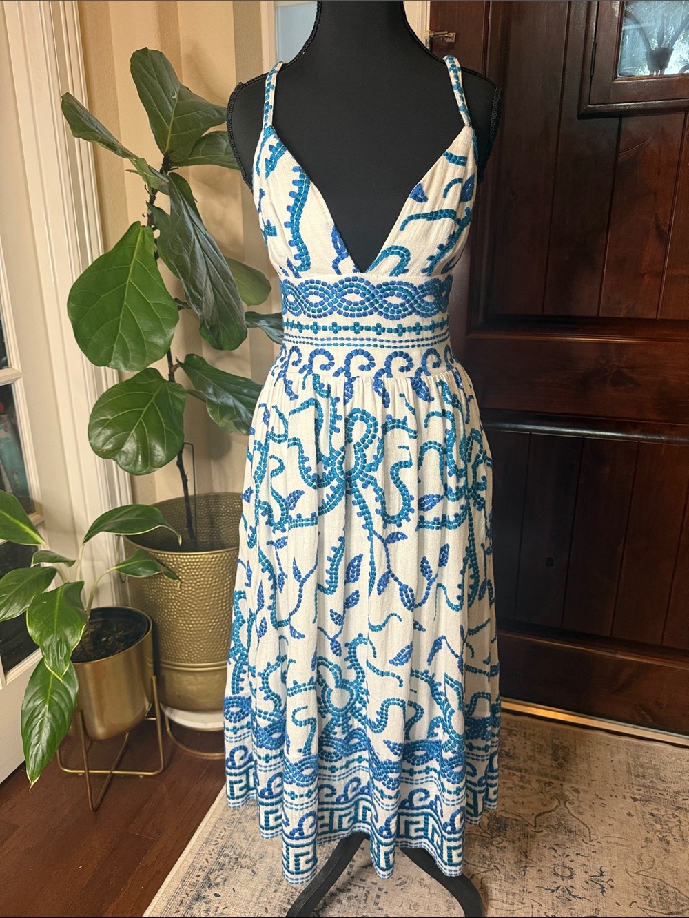 Anthropologie Maeve Seaside Midi Sundress Blue White Embroidered Size 4